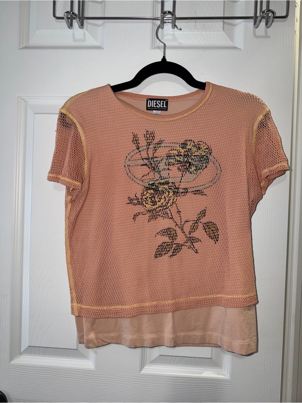 DIESEL Peach Mesh Floral Overlay Short Sleeve Tee